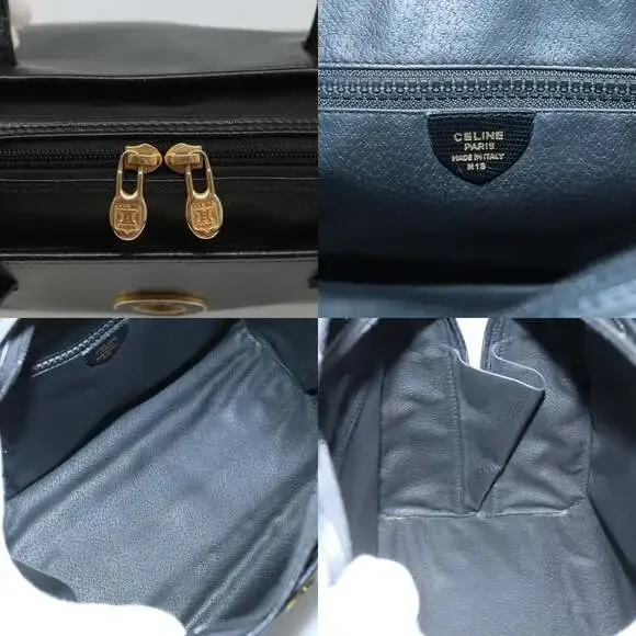 CELINE Hand Bag Leather Black Gold